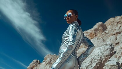 woman wearing futuristic latex silver outfit outside posing by mountain and sky