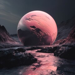 a pink planet in a rocky landscape