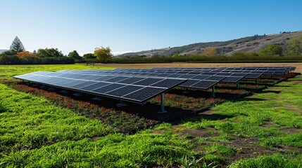 Environmentally friendly, energy-saving modern solar panel in the field, sunny day. Renewable energy, representing sustainable living  concept. Generative ai