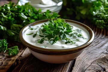 Obraz na płótnie Canvas a bowl of white sauce with green leaves