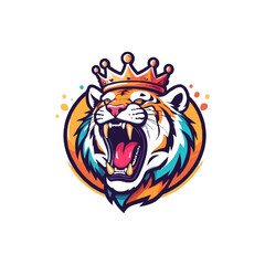 Colorful Tiger with crown roaring vector mascot illustration.
Tiger. King tiger logo. Tiger growling, grinning  Beautiful, breathtaking tiger