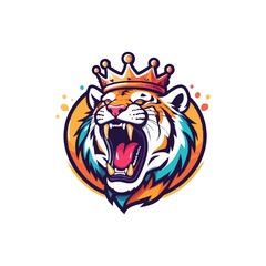 Colorful Tiger with crown roaring vector mascot illustration.
Tiger. King tiger logo. Tiger growling, grinning  Beautiful, breathtaking tiger