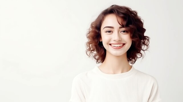 The image showcases a young woman with short brown hair and a warm smile, wearing a white t-shirt. She exudes a friendly and approachable vibe against a solid white backdrop.