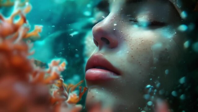 A closeup of a womans face, with her eyes closed and her lips slightly parted, as if she is lost in the beauty of the coral reef surrounding her. Her skin has a shimmery, iridescent effect,