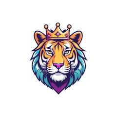 Cute Colorful Tiger with crown vector mascot illustration.
Tiger. Roaring tiger logo. Tiger growling, grinning  Beautiful, breathtaking tiger