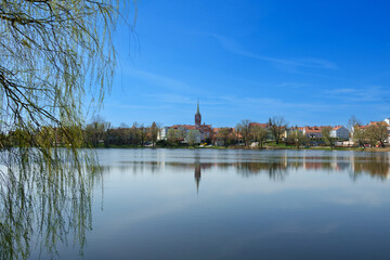 Naklejka na ściany i meble 2023-04-21 view of the ancient city ketrzyn from the lake. ketrzyn. poland,
