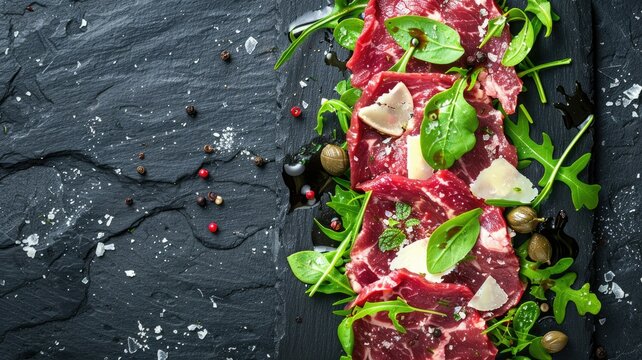 Carpaccio with arugula and parmesan on slate - Beautifully arranged beef carpaccio with fresh arugula, shaved parmesan, capers and a drizzle of olive oil on a slate board