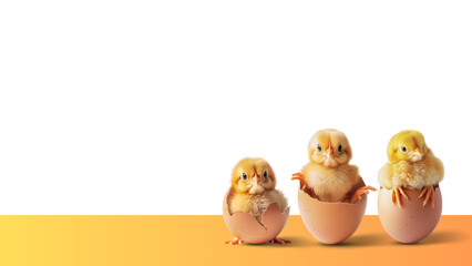 Three yellow chickens in eggshells isolated on transparent background. Easter concept