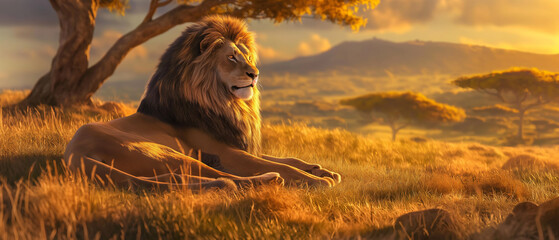 Leão deitado na grama à luz do pôr do sol. Renderização 3D - obrazy, fototapety, plakaty