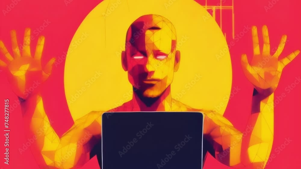 Poster an animation of a person attempting to interact with a computer that has a face and arms but no body