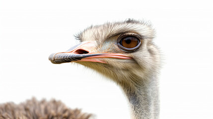 Cabeça de avestruz em fundo branco, close-up da cabeça