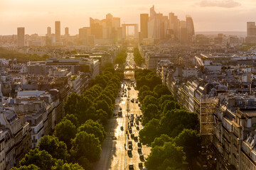 Panorama of Paris from above the La Defense district at sunset