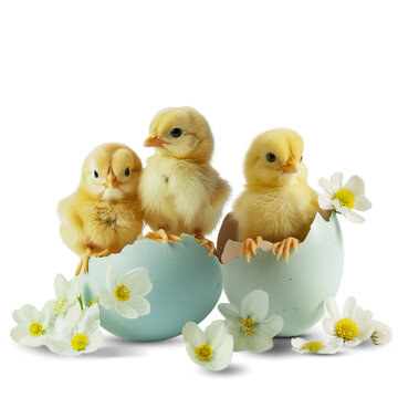 Easter chicks in eggshell and spring flowers. transparent background. Happy Easter