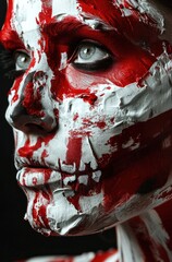 a woman with red and white paint on her face