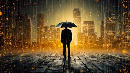 Market turbulence and financial crisis security concept as a volatile stock market with price volatility as a businessman holding an umbrella as a business symbol for wealth management - obrazy, fototapety, plakaty
