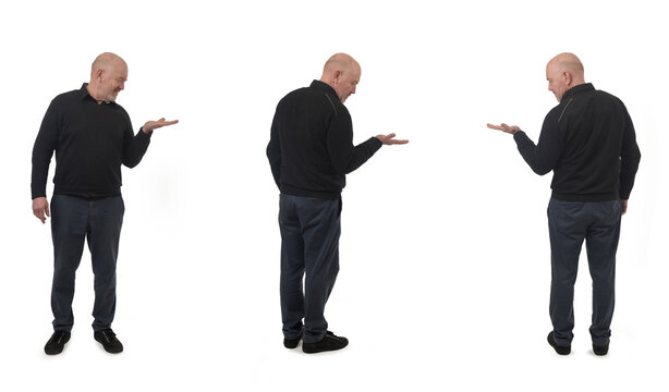 front side and back view of same man showing an imaginary object in her hand on white background - Powered by Adobe