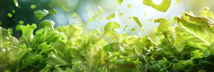 Fresh green lettuce leaves with sunlight - A vibrant, sunlight flooded image featuring freshly tossed green lettuce leaves