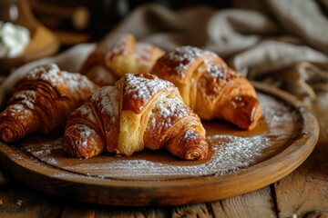a plate of croissants with powdered sugar
