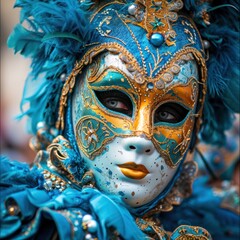 a person wearing a blue and gold mask