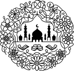 Muslim Ramadan Islam in continuous line drawing minimalist, simplicity contour,