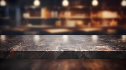 Modern empty dark marble table top or kitchen island on blurry bokeh kitchen room interior background.