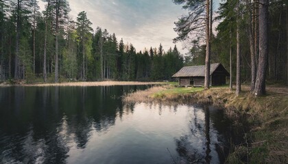 Lago en medio de un bosque nostalgia cabaña olvidada