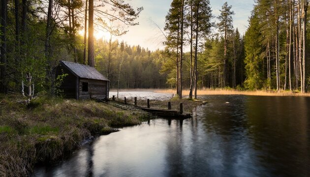 Lago en medio de un bosque nostalgia cabaña olvidada
