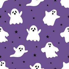 Seamless pattern with ghost. Happy Halloween. Cute ghost and stars repeat print on purple background. Hand drawn seamless pattern