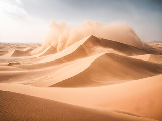 Fototapeta na wymiar Yellow sand dunes ripple across a vast desert landscape under a hot summer sky