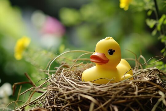 a yellow rubber duck in a nest