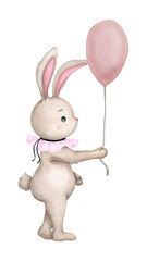 Cute baby bunny with an air balloon. Children's illustration. Hand drawn watercolor. Baby shower, birthday, children's party. Design element for print, invitations, posters, greeting cards, logos, etc