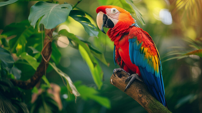 A neon color photo of a macaw parrot perched in a branch in the tropical jungle AI generated