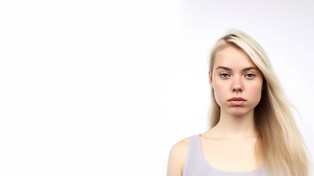 The young woman has a neutral expression on her face and is looking directly at the camera. Her hair is long and straight, and she is wearing a gray tank top. The background is a solid white color.