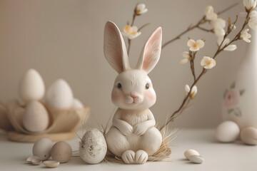 Fototapeta na wymiar Figurine of a rabbit and Easter eggs on the table. Easter concept