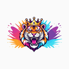 Colorful Tiger with crown roaring vector mascot illustration.
Tiger. King tiger logo. Tiger growling, grinning  Beautiful, breathtaking tiger