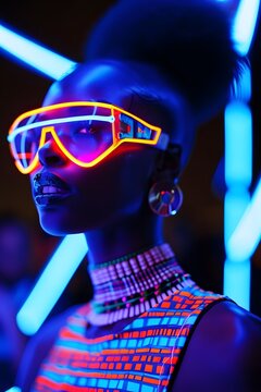 black woman wearing colorful glasses and clothing glow in the dark neon party night club dancer raver 