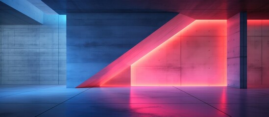 The abstract architectural interior of a minimalist house is illuminated by red and blue neon lights, creating a striking color gradient.