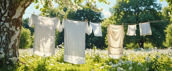 White washed laundry hangs on a line in the beautiful nature in the summer sunshine - ai generated