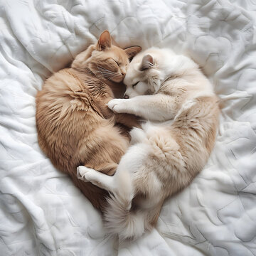 White Puppy and Golden Cat Cuddling Together on a Cozy Bed. AI.
