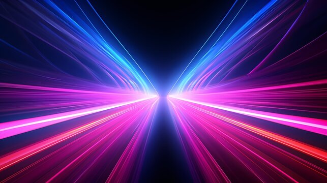 Blue Pink And Purple Neon Glow Laser Beam Light Lines Moving Fast,digital, High Speed Internet, Cyberpunk, Techonogy Backdrop. Futuristic Abstract Background.