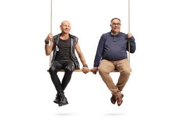 Punk and a mature man sitting on a big wooden swing