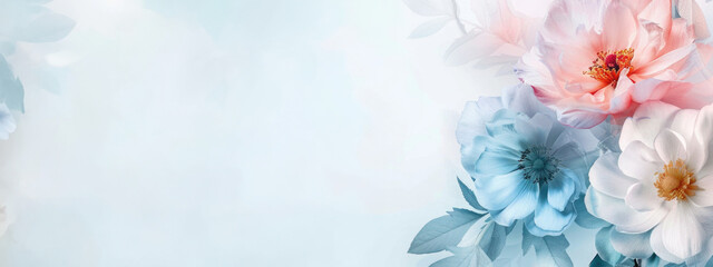 Banner with beautiful big flowers in pastel colors on light blue background with place for text.
