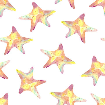 Underwater life watercolor seamless pattern fairy tale rainbow  starfish. Texture for wrapping paper, fabrics, decor, banners, cover.