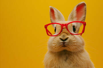 Cute Easter bunny wearing red glasses on a yellow background