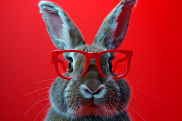 Cute Easter bunny wearing red glasses on a red background