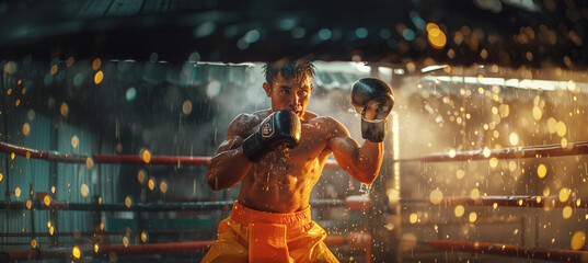 Boxing Sweaty Warrior on the boxing ring during rainy evening. Young fit muscular man in Gloves and shorts morning practice training. Active sporty people hard work concept. - obrazy, fototapety, plakaty