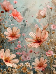 Vintage floral elegance, a serene landscape filled with delicate sun-kissed petals and the rustic charm of a blooming garden, captured in soft pastel tones.