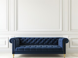 Modern Luxury: Blue Suede Sofa Against Contemporary Wall, Empty Space for Art Mockup