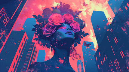 A digital conceptual artwork portraying a woman's silhouette with floral headpiece against an urban skyline. Purple, pink and blue colors.