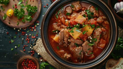 Hearty beef stew in rustic clay pot - This warm image features a hearty beef stew with vegetables in a rustic clay pot, surrounded by spices